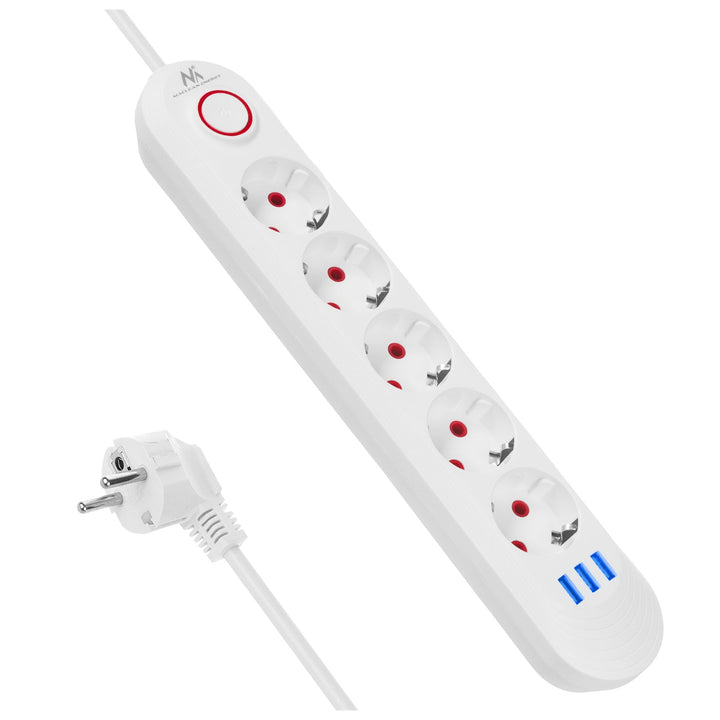 Maclean strømskinne, forlængerledning med 5 stik + 3xUSB, 110-240V AC 50/60Hz, 2,1A max 2500W, 1,5m, hvid, MCE395 W