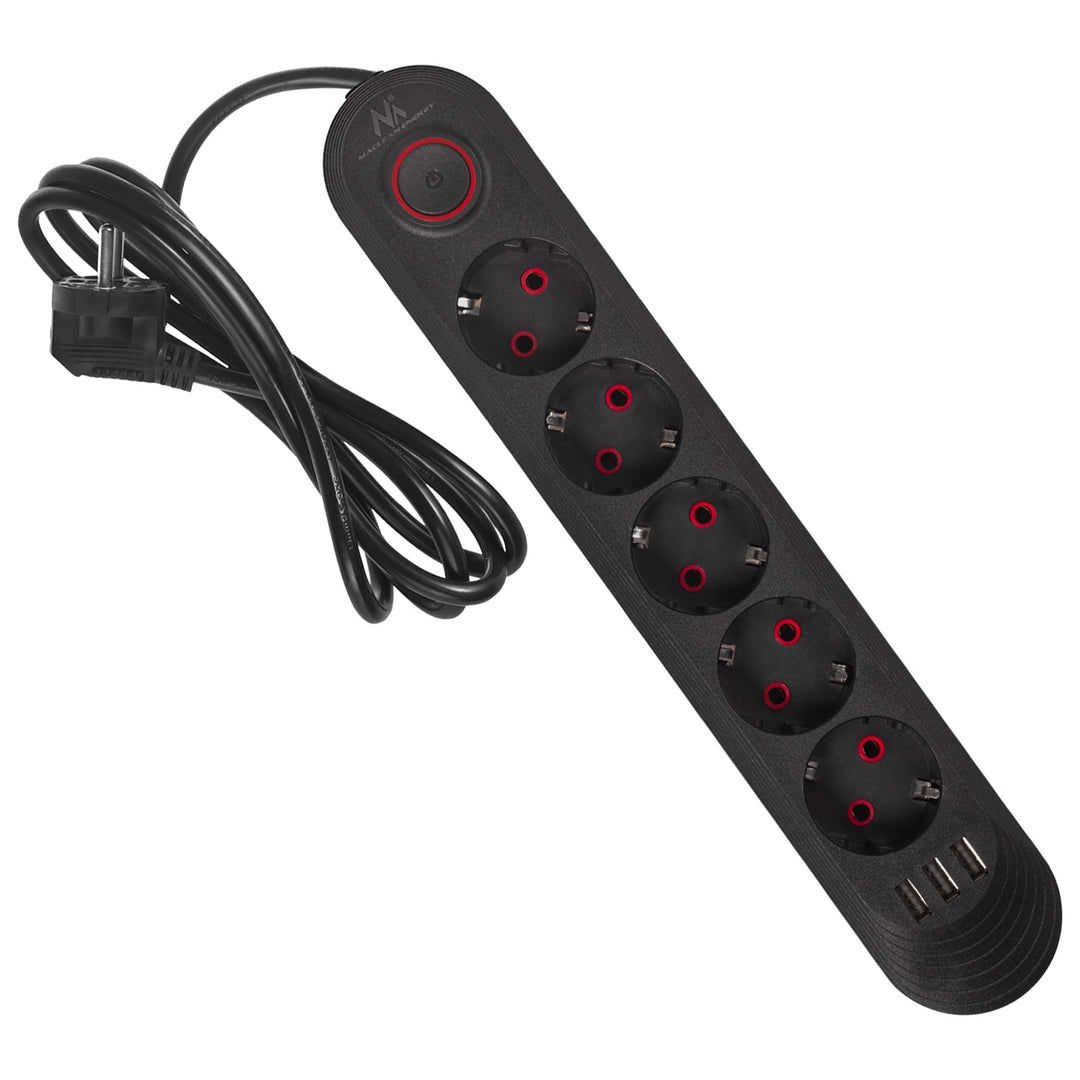 Maclean strømskinne, forlængerledning med 5 stik + 3xUSB, 110-240V AC 50/60Hz, 2,1A max 2500W, 1,5m, sort, MCE395 B