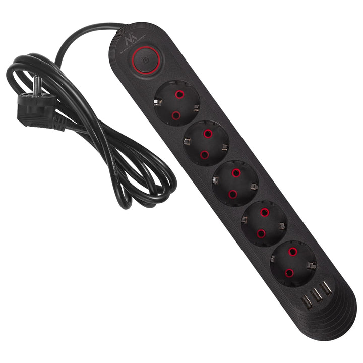 Maclean strømskinne, forlængerledning med 5 stik + 3xUSB, 110-240V AC 50/60Hz, 2,1A max 2500W, 1,5m, sort, MCE395 B