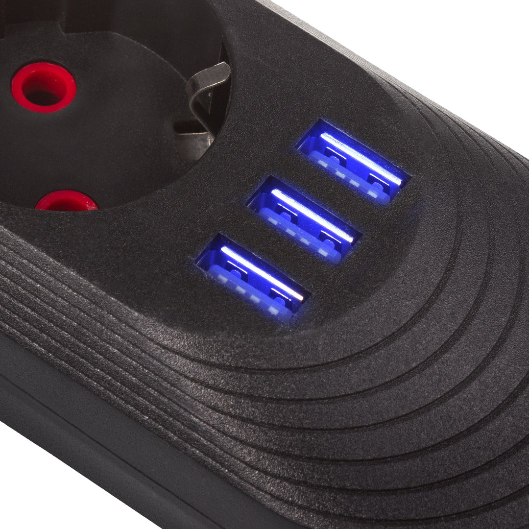 Maclean strømskinne, forlængerledning med 5 stik + 3xUSB, 110-240V AC 50/60Hz, 2,1A max 2500W, 1,5m, sort, MCE395 B