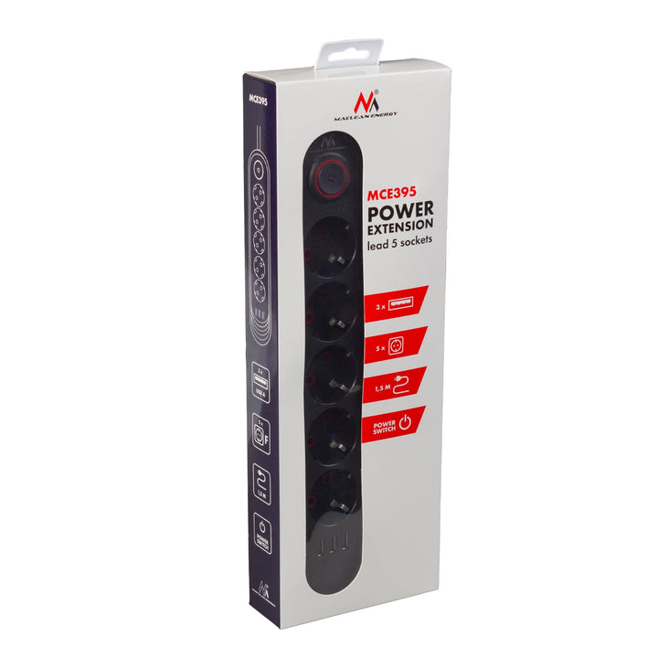 Maclean strømskinne, forlængerledning med 5 stik + 3xUSB, 110-240V AC 50/60Hz, 2,1A max 2500W, 1,5m, sort, MCE395 B