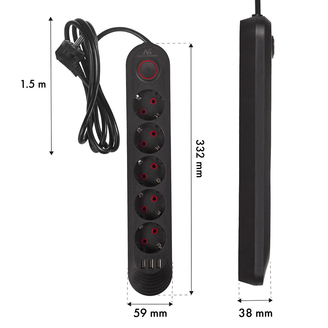 Maclean strømskinne, forlængerledning med 5 stik + 3xUSB, 110-240V AC 50/60Hz, 2,1A max 2500W, 1,5m, sort, MCE395 B