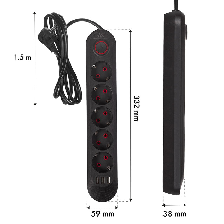 Maclean strømskinne, forlængerledning med 5 stik + 3xUSB, 110-240V AC 50/60Hz, 2,1A max 2500W, 1,5m, sort, MCE395 B