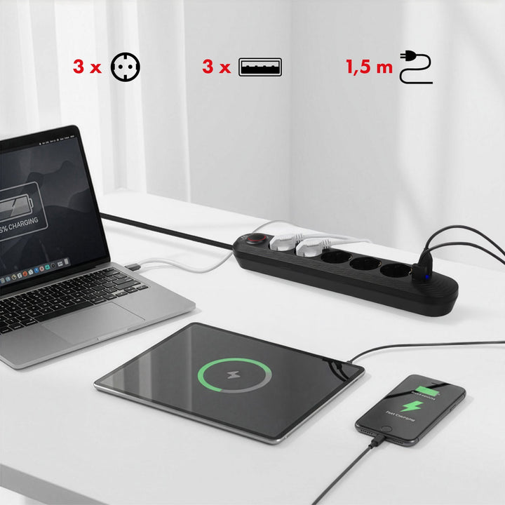 Maclean strømskinne, forlængerledning med 5 stik + 3xUSB, 110-240V AC 50/60Hz, 2,1A max 2500W, 1,5m, sort, MCE395 B
