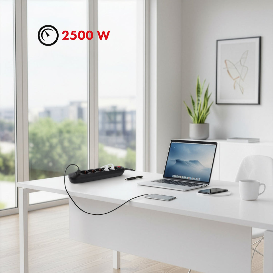 Maclean strømskinne, forlængerledning med 5 stik + 3xUSB, 110-240V AC 50/60Hz, 2,1A max 2500W, 1,5m, sort, MCE395 B