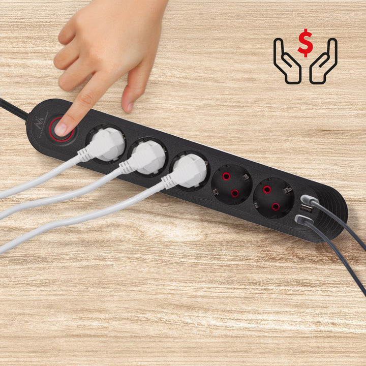 Maclean strømskinne, forlængerledning med 5 stik + 3xUSB, 110-240V AC 50/60Hz, 2,1A max 2500W, 1,5m, sort, MCE395 B