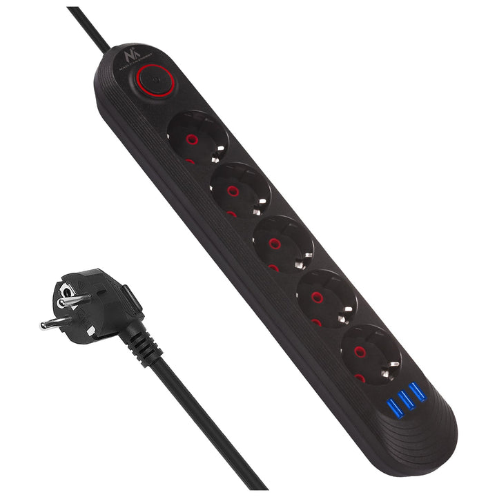 Maclean strømskinne, forlængerledning med 5 stik + 3xUSB, 110-240V AC 50/60Hz, 2,1A max 2500W, 1,5m, sort, MCE395 B