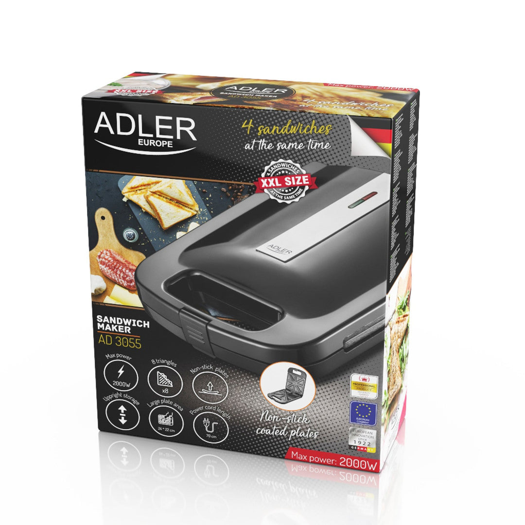 Adler AD 3055 sandwichmaker, sort, 2000 W, til 4 sandwich