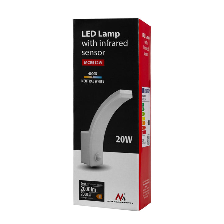 LED-lampe med bevægelsessensor Maclean, PIR-bevægelsessensor, farve hvid, 20 W, IP65, 2000 lm, farve neutral hvid (4000 K) MCE512 W, 2 stk.