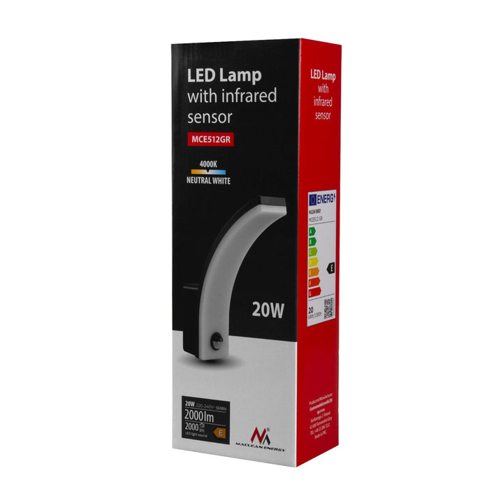 LED-lampe med bevægelsessensor Maclean, PIR-bevægelsessensor, farve grå, 20 W, IP65, 2000 lm, farve neutral hvid (4000 K) MCE512 GR, 4 stk.