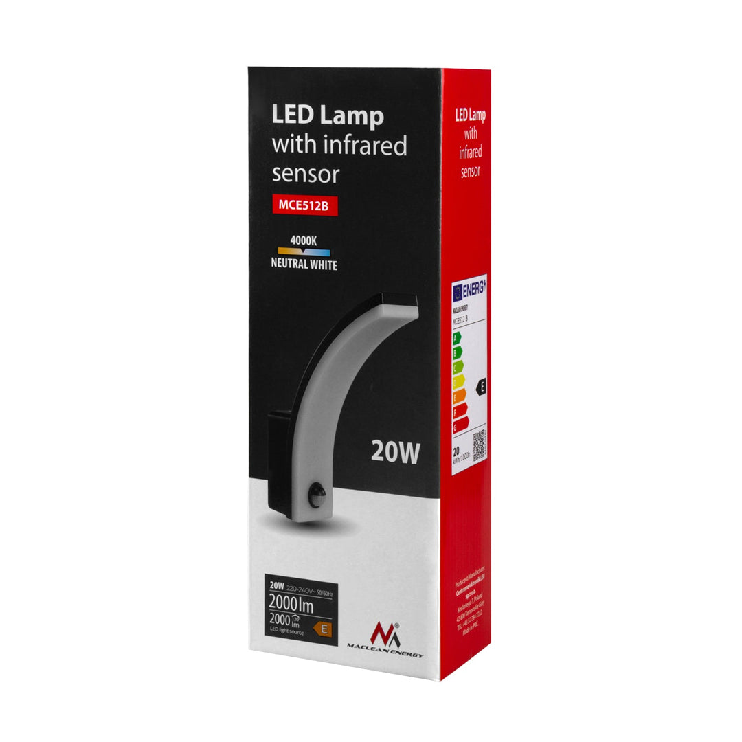 LED-lampe med bevægelsessensor Maclean, PIR-bevægelsessensor, sort, 20 W, IP65, 2000 lm, neutral hvid farve (4000 K) MCE512 B, 2 stk.