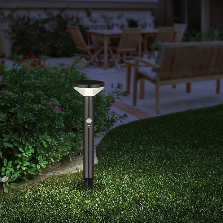 Maclean solcellelampe, med sensor, 3 indstillinger, til at stikke ned i jorden, Li-ion 18650, IP44, 3,7 V, 1200 mAh, sort, MCE465 B, 6 stk.