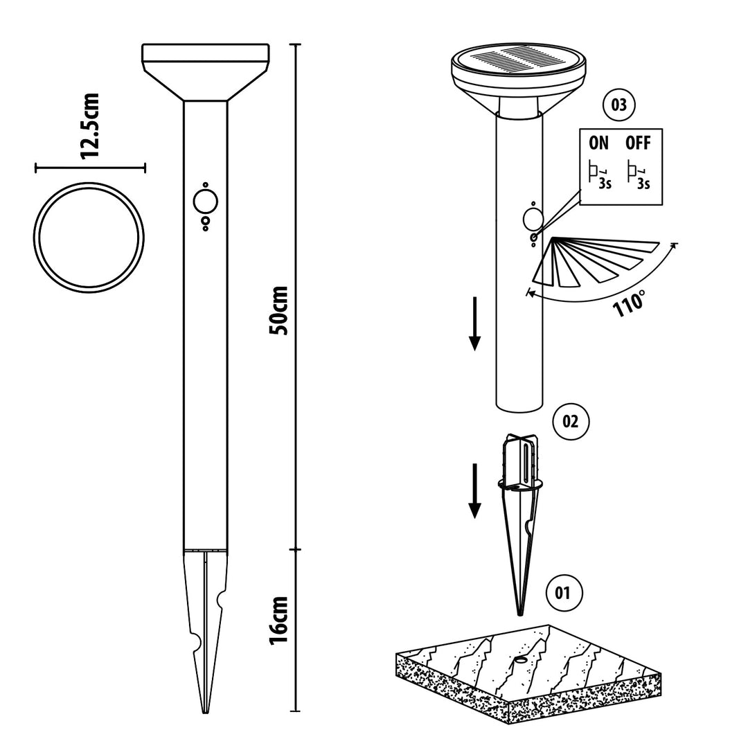Maclean solcellelampe, med sensor, 3 indstillinger, til at stikke ned i jorden, Li-ion 18650, IP44, 3,7 V, 1200 mAh, sort, MCE465 B, 6 stk.