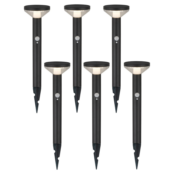 Maclean solcellelampe, med sensor, 3 indstillinger, til at stikke ned i jorden, Li-ion 18650, IP44, 3,7 V, 1200 mAh, sort, MCE465 B, 6 stk.