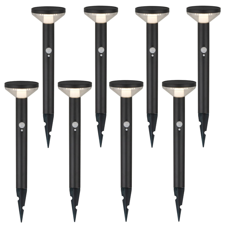 Maclean solcellelampe, med sensor, 3 indstillinger, til at stikke ned i jorden, Li-ion 18650, IP44, 3,7 V, 1200 mAh, sort, MCE465 B, 8 stk.