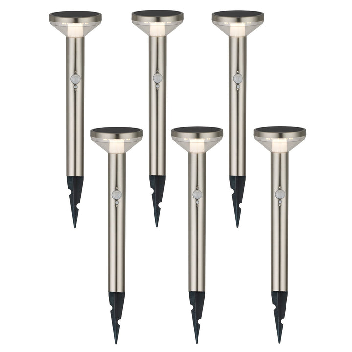 Maclean solcellelampe, med sensor, 3 indstillinger, til at stikke ned i jorden, Li-ion 18650, IP44, 3,7 V, 1200 mAh, mat krom, MCE465 C/M, 6 stk.