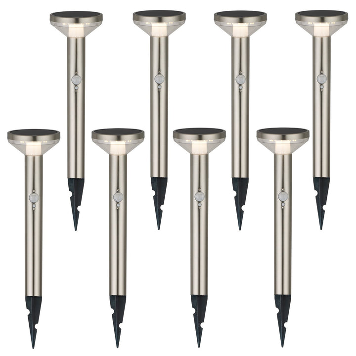 Maclean solcellelampe, med sensor, 3 indstillinger, til at stikke ned i jorden, Li-ion 18650, IP44, 3,7 V, 1200 mAh, mat krom, MCE465 C/M, 8 stk.