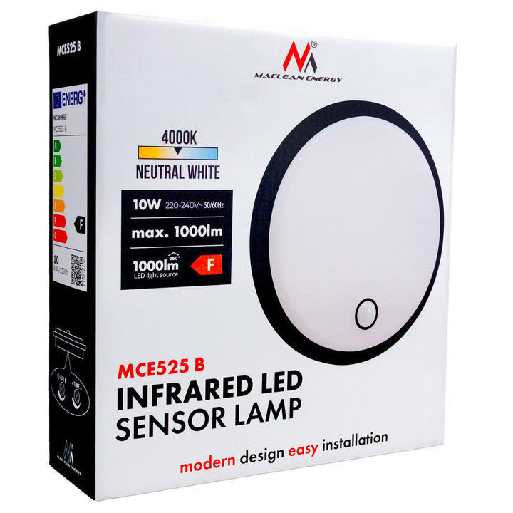 LED-lampe med bevægelsessensor Maclean, PIR-sensor, sort, 10 W, IP65, 1000 lm, neutral farve, MCE525 B