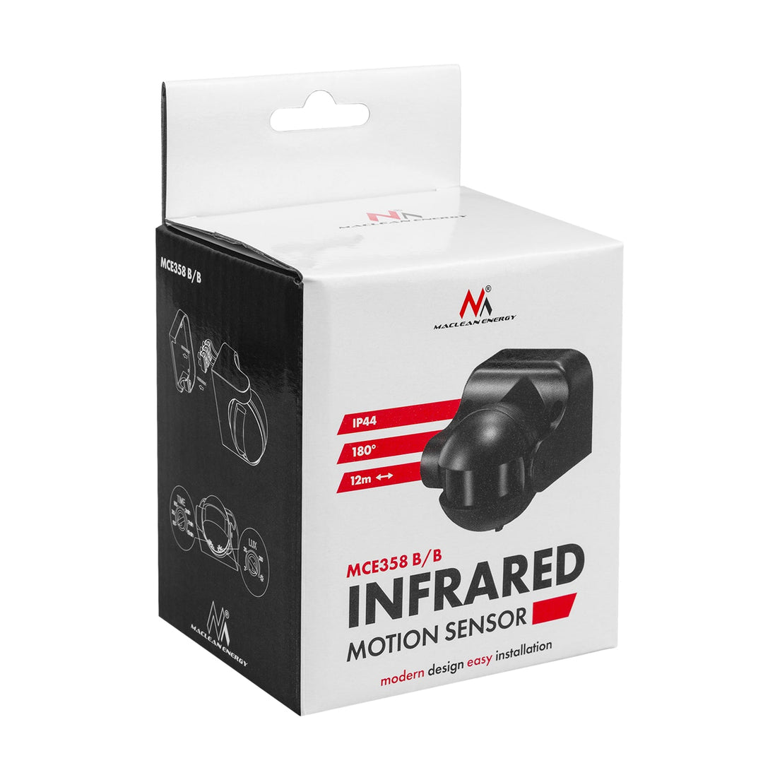 Maclean PIR-bevægelsessensor, infrarød, IP44, sort med sort blænde, rækkevidde 12 m, maks. belastning 300/1200 W, MCE358 B/B