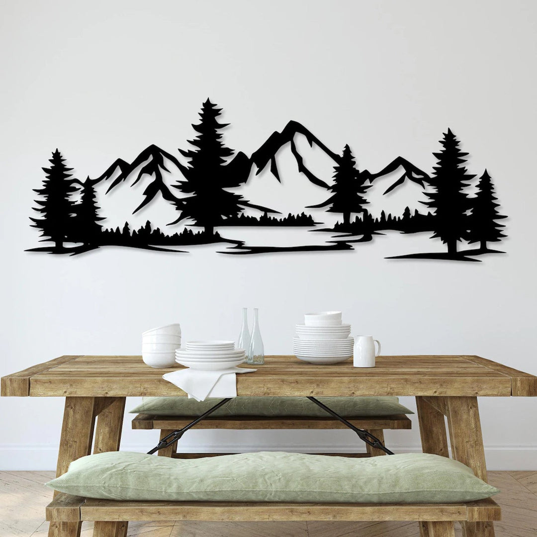 Åben billed, 3D-vægdekoration, 3D-billede "Bjerge med skov" 180x61cm Sort