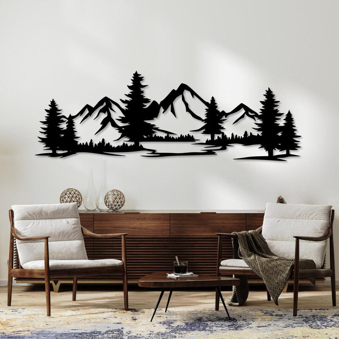 Ajoureret billede, 3D-vægdekoration, 3D-billede "Bjerge med skov" 80x27 cm Sort