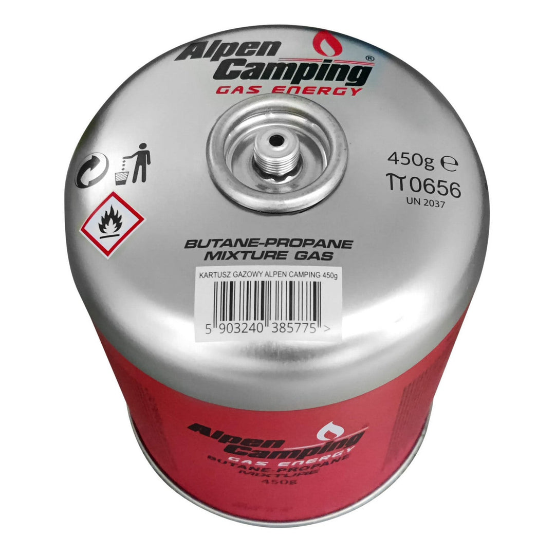 450 g gaspatron Alpen Camping. Certifikat: Pi 0437, i overensstemmelse med EN417, propan-butan, temperaturområde -10 °C til +40 °C, gevindventil 7/16" IK020
