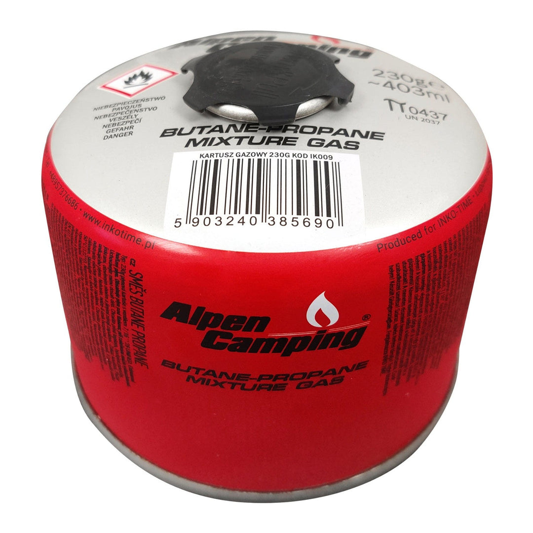 Alpen Camping gaspatron 230 g. Certifikat: Pi 0656, i overensstemmelse med EN417, propan-butan, temperaturområde -10 °C til +40 °C, gevindventil 7/16" IK009.