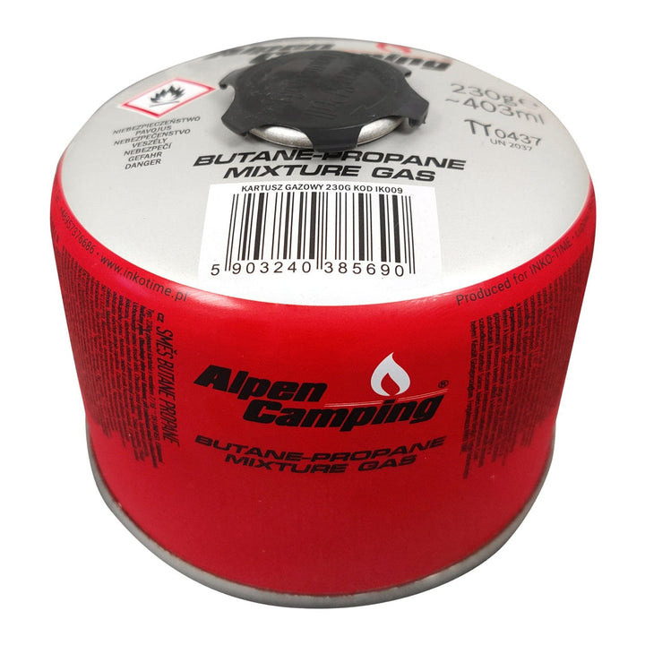 Alpen Camping gaspatron 230 g. Certifikat: Pi 0656, i overensstemmelse med EN417, propan-butan, temperaturområde -10 °C til +40 °C, gevindventil 7/16" IK009.