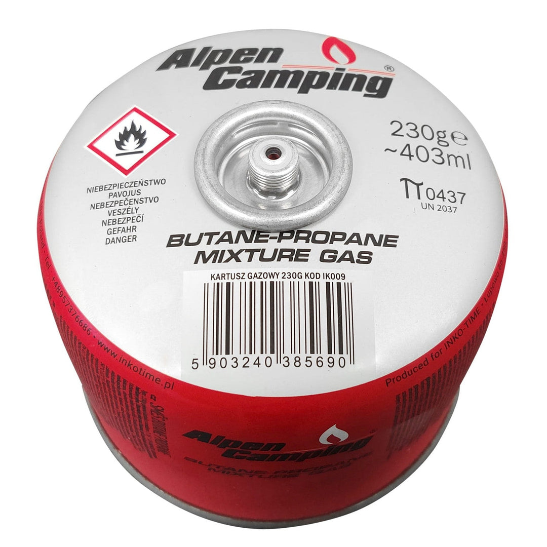 Alpen Camping gaspatron 230 g. Certifikat: Pi 0656, i overensstemmelse med EN417, propan-butan, temperaturområde -10 °C til +40 °C, gevindventil 7/16" IK009.