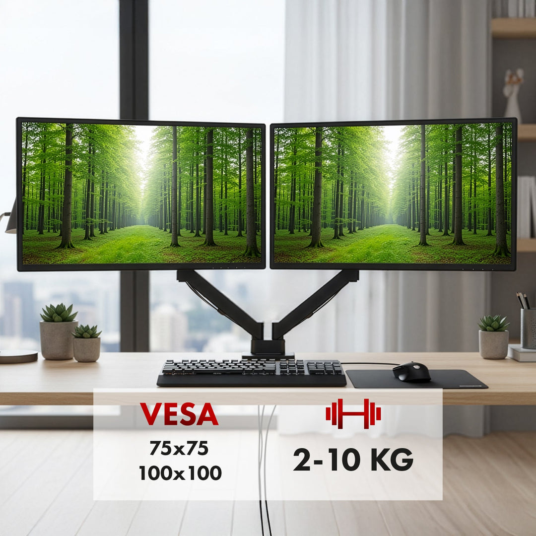 Maclean-holder til 2 skærme, gasfjeder, 17"-32", 2-10 kg, sort, MC-134