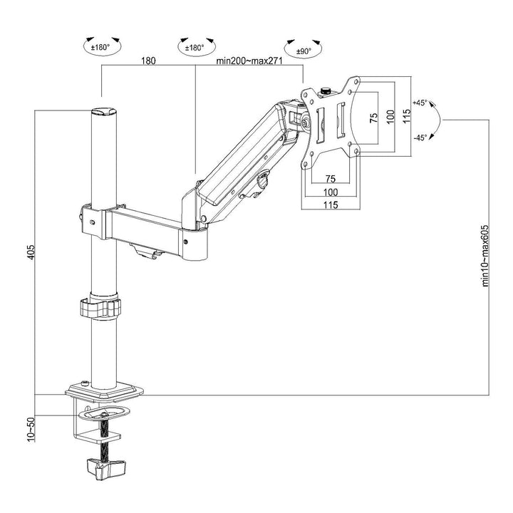 Maclean monitorholder, gasfjeder, 17"-32", 2-10 kg, sort, MC-135