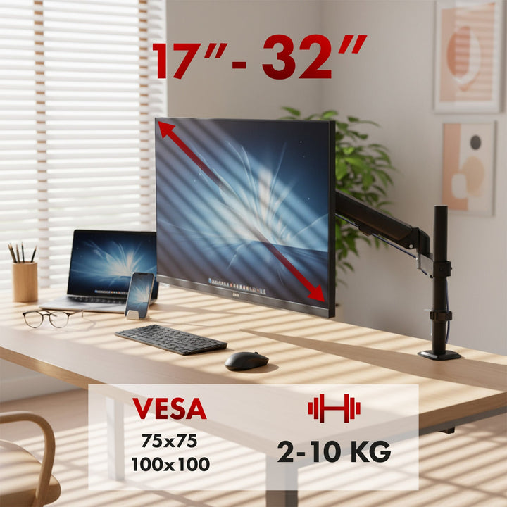 Maclean monitorholder, gasfjeder, 17"-32", 2-10 kg, sort, MC-135
