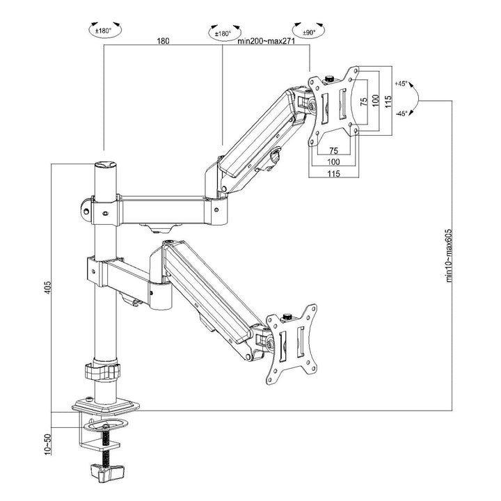 Maclean-holder til 2 skærme, gasfjeder, 17"-32", 2-10 kg, sort, MC-136