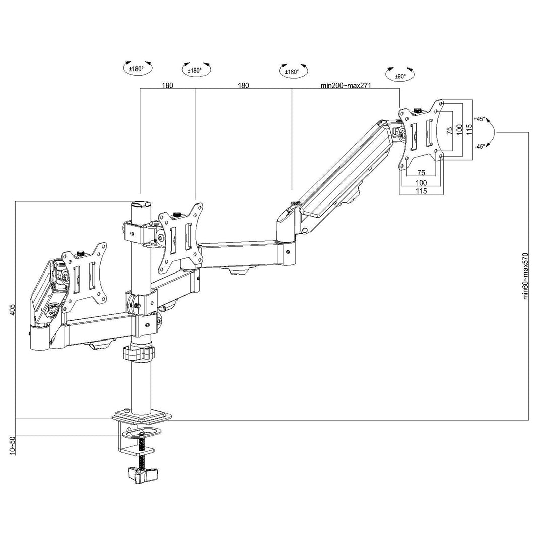 Maclean-holder til 3 skærme, gasfjeder, 17"-27", 2-8 kg, sort, MC-137