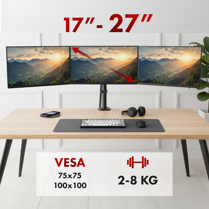 Maclean-holder til 3 skærme, gasfjeder, 17"-27", 2-8 kg, sort, MC-137