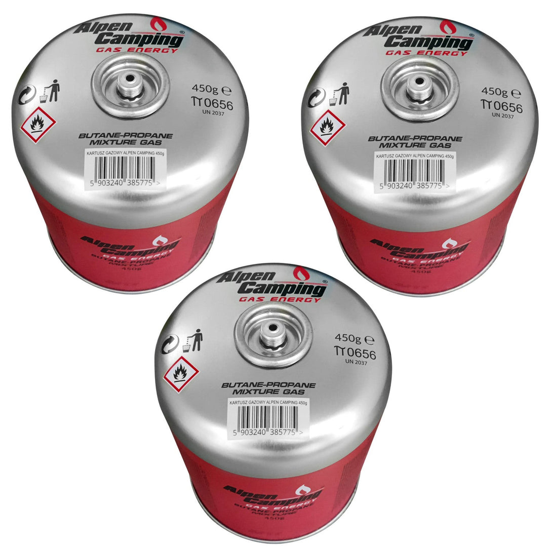 Alpen Camping 450g gas cartridge. certification: Pi 0437, complies with EN417, propane-butane, range -10°c to+ 40°c, 7/16" IK020 threaded valve, 3 pieces