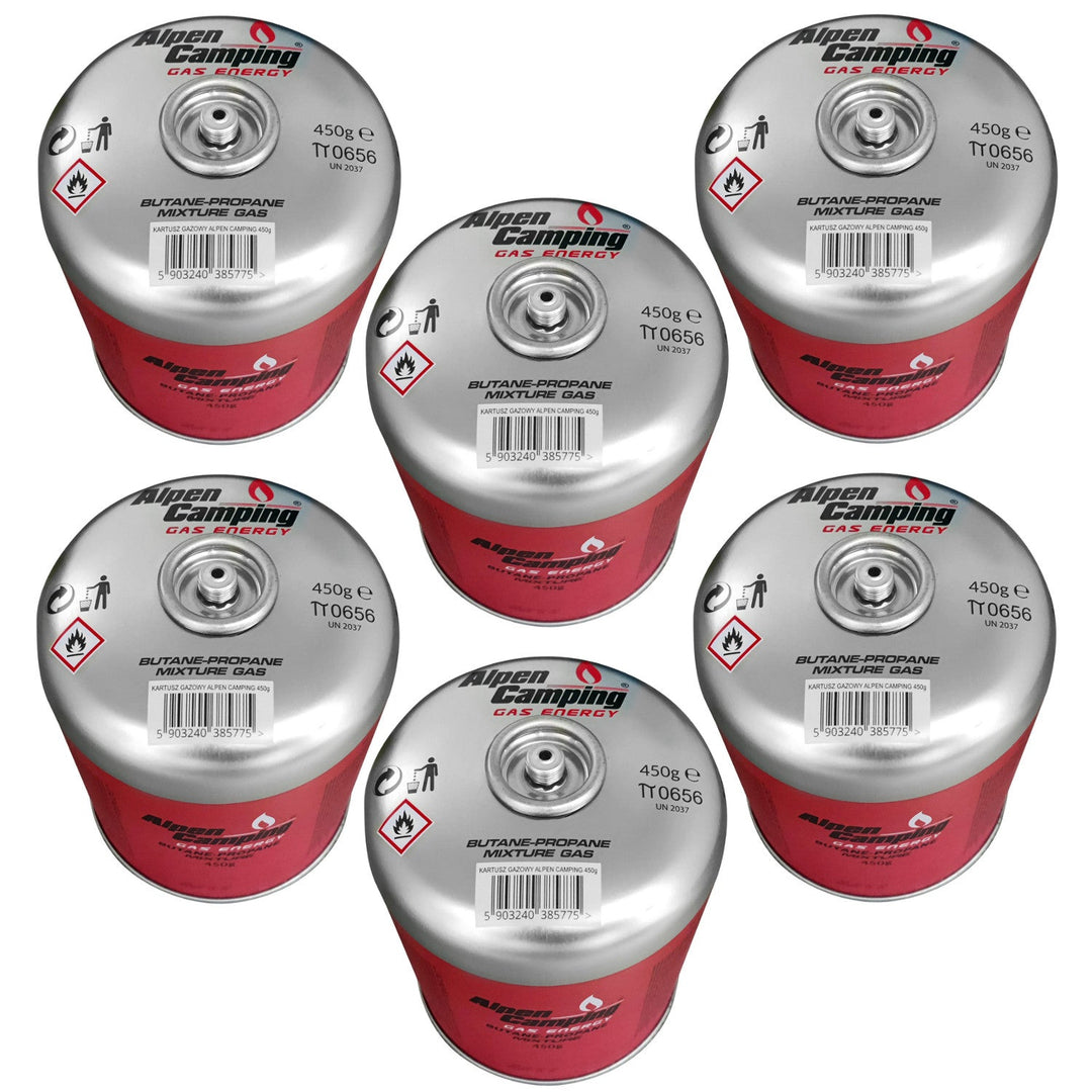 Alpen Camping 450g gas cartridge. certification: Pi 0437, complies with EN417, propane-butane, range -10°c to+ 40°c, 7/16" IK020 threaded valve, 6 pieces