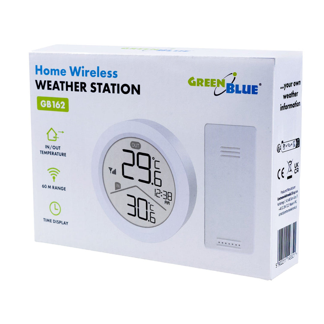 GreenBlue trådløs vejrstation, IN/OUT-temperatur, ur, valg mellem °C / °F, rækkevidde op til 60 m, GB162