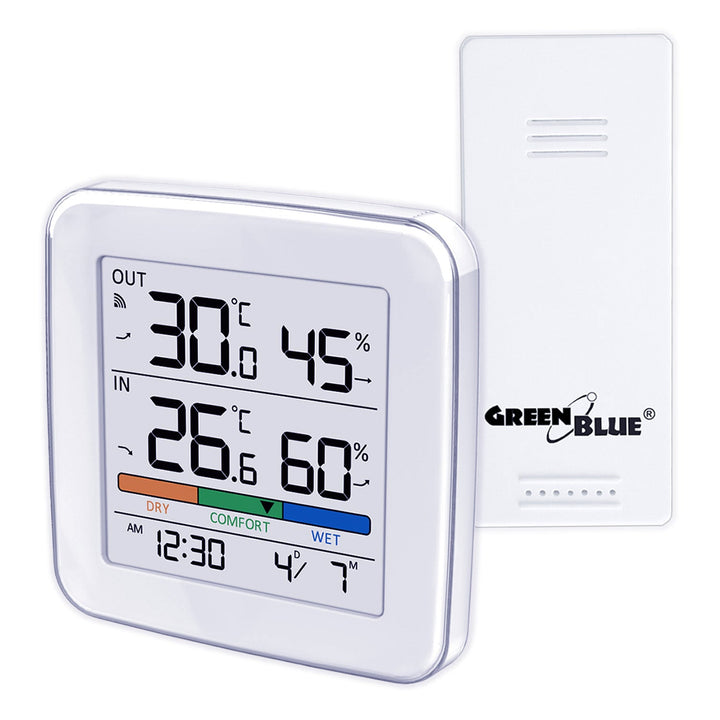Trådløs vejrstation GreenBlue, temperatur + fugtighed IN/OUT, ur + alarm + dato, valg mellem °C / °F, rækkevidde op til 60 m, GB169