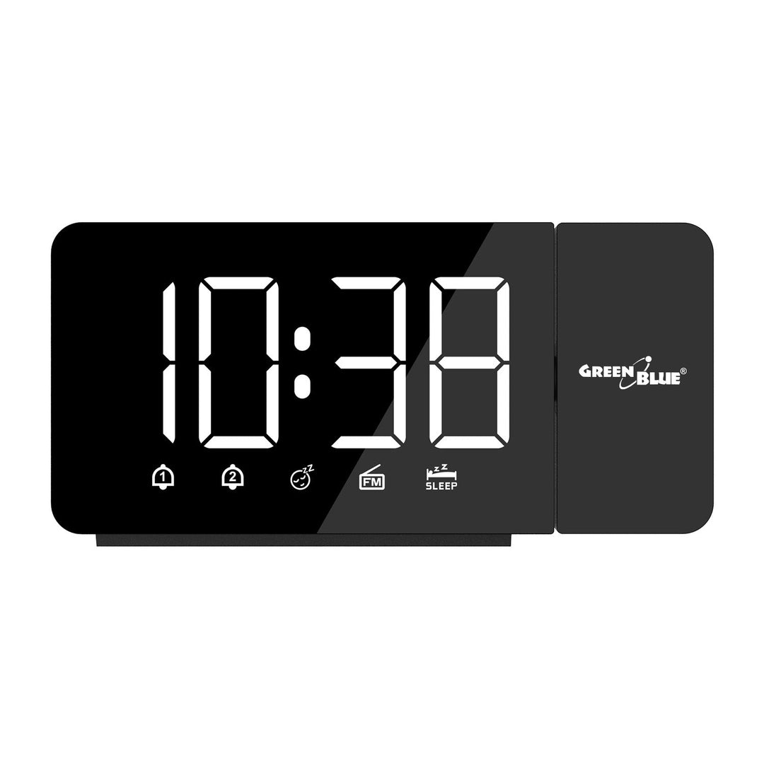 Digital LED-radio med GreenBlue-projektor, FM-radio, alarm, 12/24-timers ur, USB 5V DC + CR2032 strømforsyning, GB172