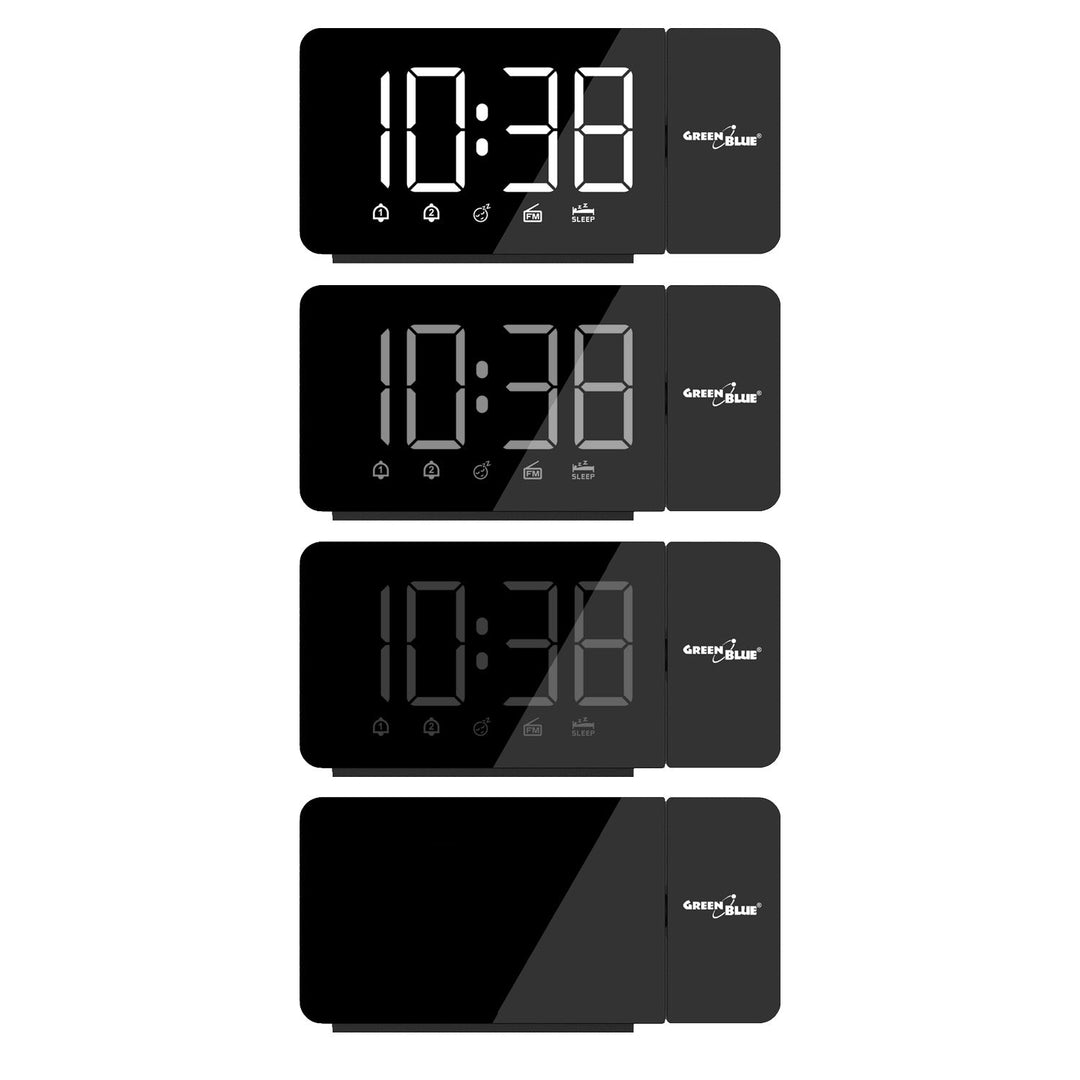 Digital LED-radio med GreenBlue-projektor, FM-radio, alarm, 12/24-timers ur, USB 5V DC + CR2032 strømforsyning, GB172