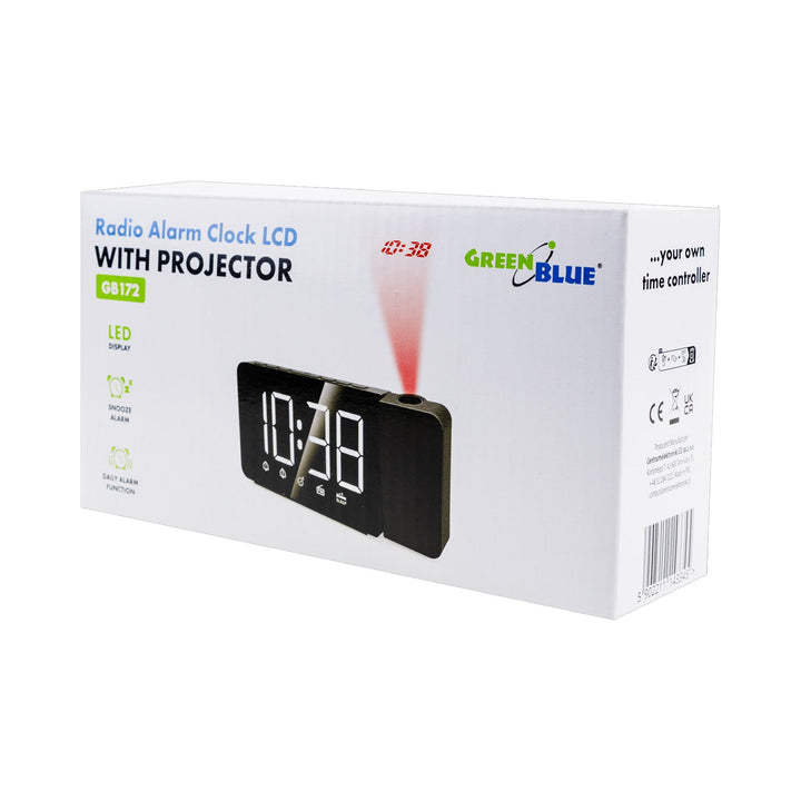 Digital LED-radio med GreenBlue-projektor, FM-radio, alarm, 12/24-timers ur, USB 5V DC + CR2032 strømforsyning, GB172
