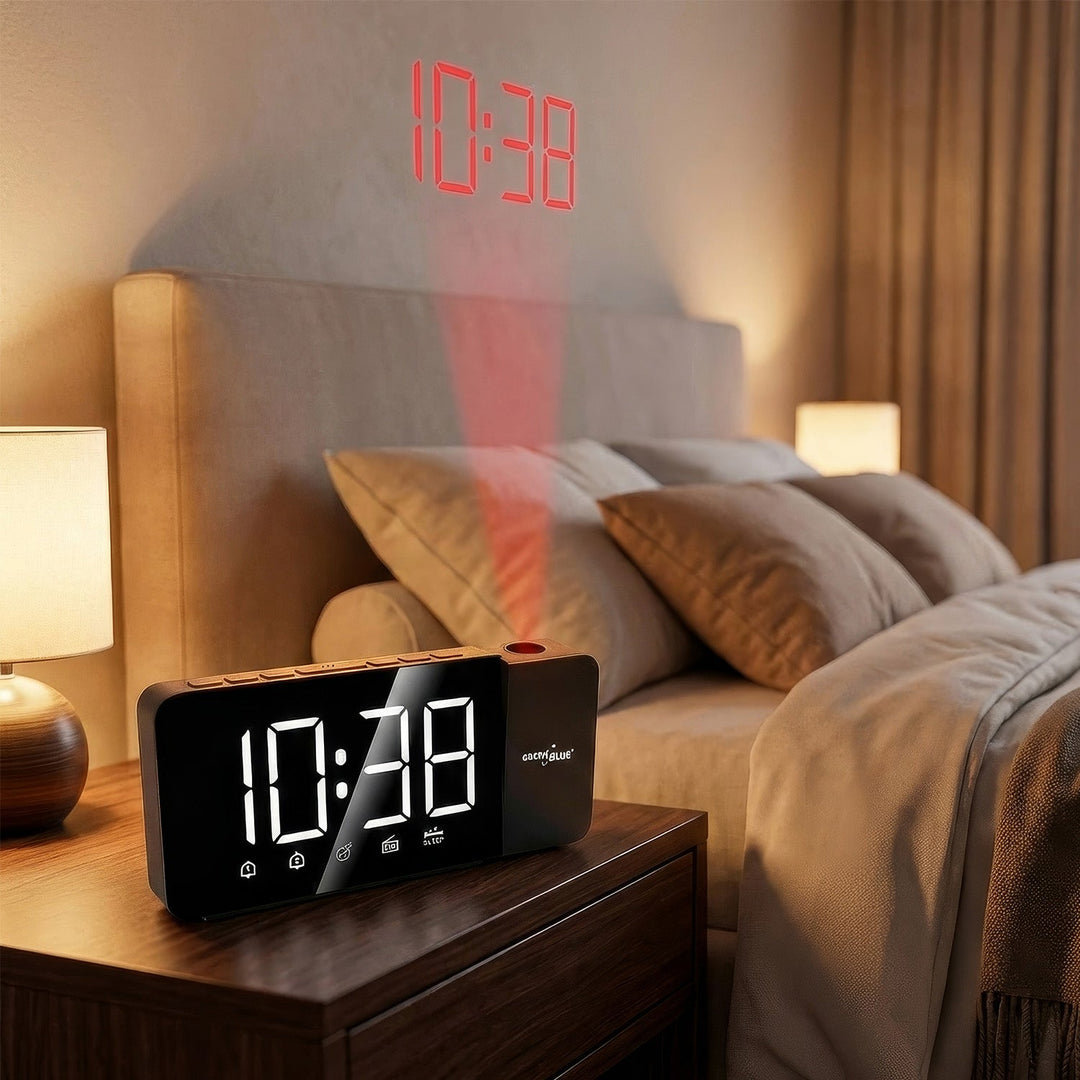 Digital LED-radio med GreenBlue-projektor, FM-radio, alarm, 12/24-timers ur, USB 5V DC + CR2032 strømforsyning, GB172