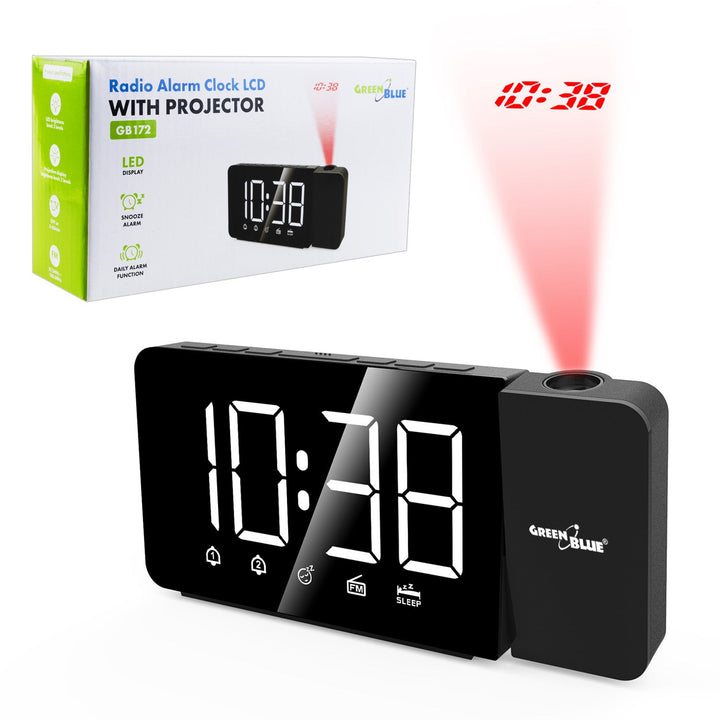 Digital LED-radio med GreenBlue-projektor, FM-radio, alarm, 12/24-timers ur, USB 5V DC + CR2032 strømforsyning, GB172