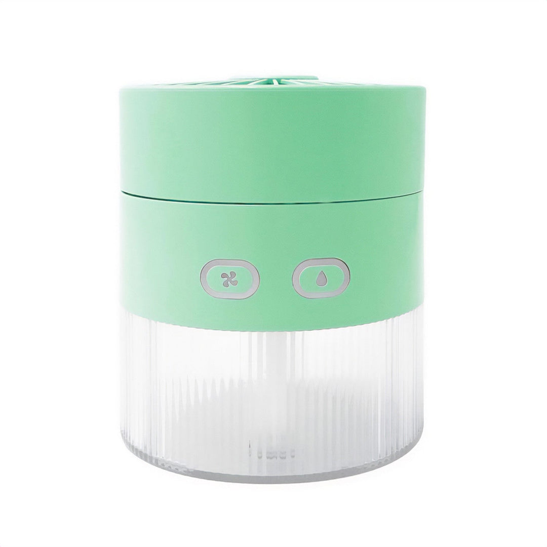 Bordventilator med luftbefugtning. Kapacitet 350 ml. Tåge 40 ml/t. USB-C-strømforsyning.
