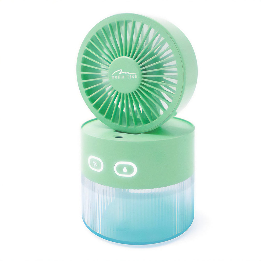 Bordventilator med luftbefugtning. Kapacitet 350 ml. Tåge 40 ml/t. USB-C-strømforsyning.