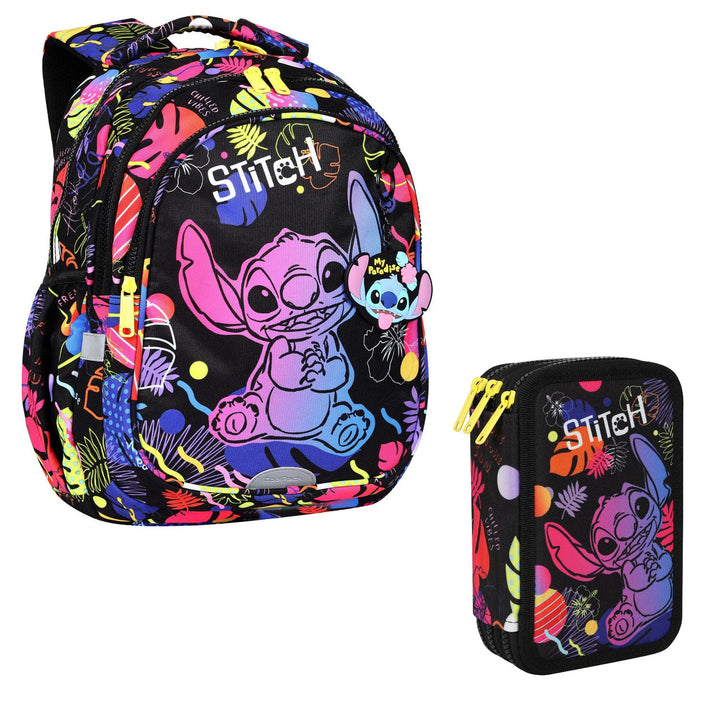 Skole rygsæk 19 L Coolpack Jerry DISNEY STITCH sort + CoolPack tre-rums penalhus med tilbehør JUMPER 3 STITCH