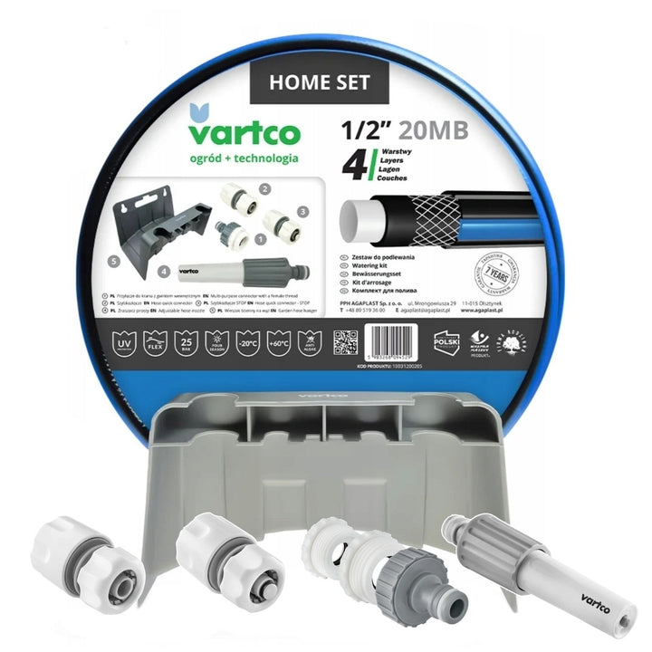 Vartco havekit, 1/2'' slange 20 m, hurtigkobling og gennemgang, vandhaneforbindelse, sprinkler, vægophæng, Home Set