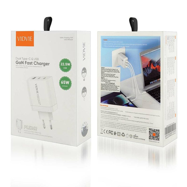VIDVIE netoplader, 3A, 65W, 2x USB-C, 1x USB, USB-C/iPhone-kabel, PLE262