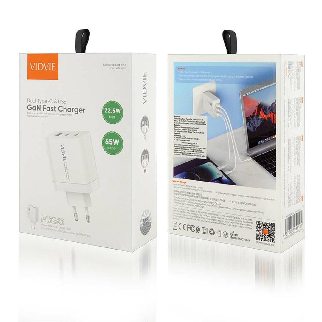 VIDVIE netoplader, 3A, 65W, 2x USB-C, 1x USB, USB-C/USB-C-kabel, PLE262